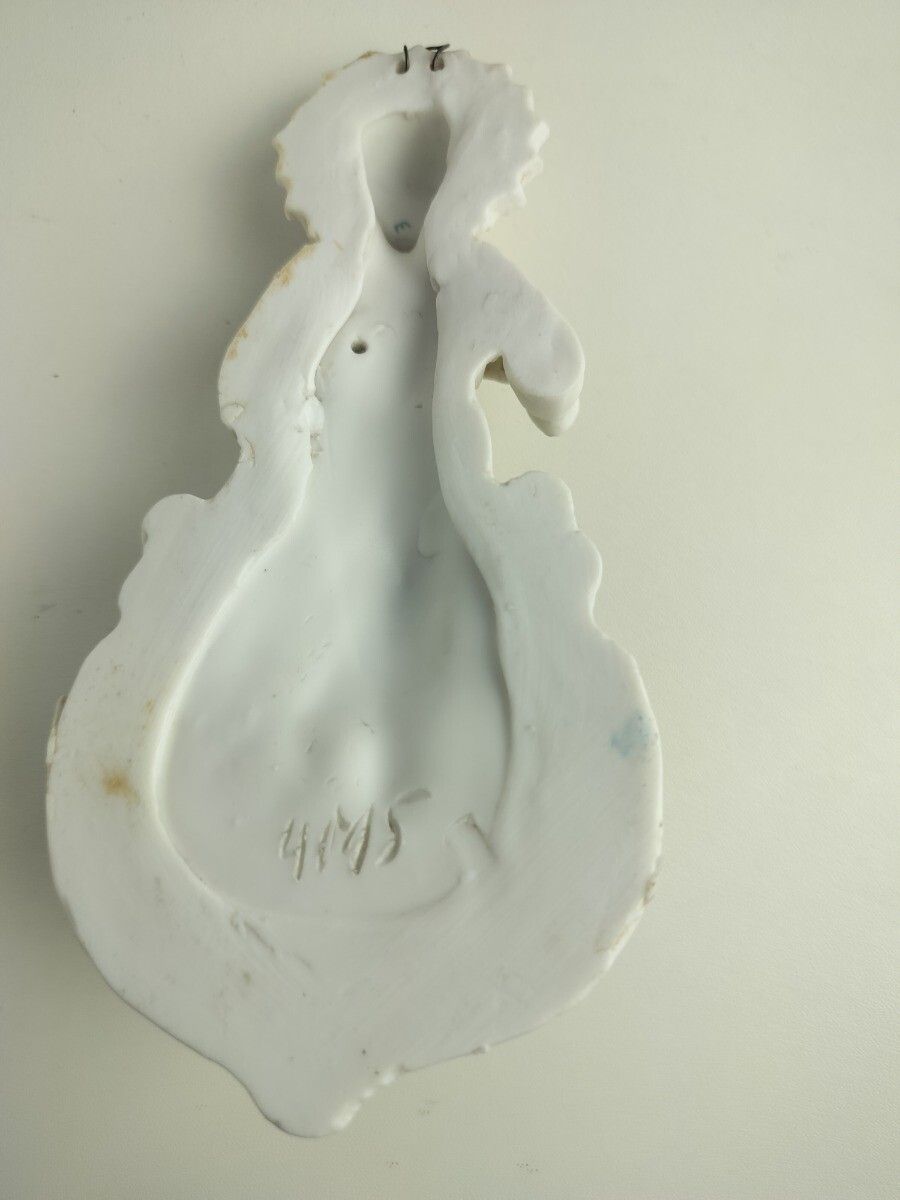Antique Gorgeous Holy Water Font Bisque Porcelain Wall Hanging Vessel Jesus Chri photo vintage