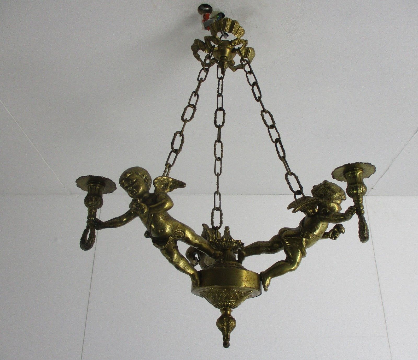 French Bronze Chandelier 3 Lights Arms Putti Cherub Hollywood Regency Romantic photo furniture