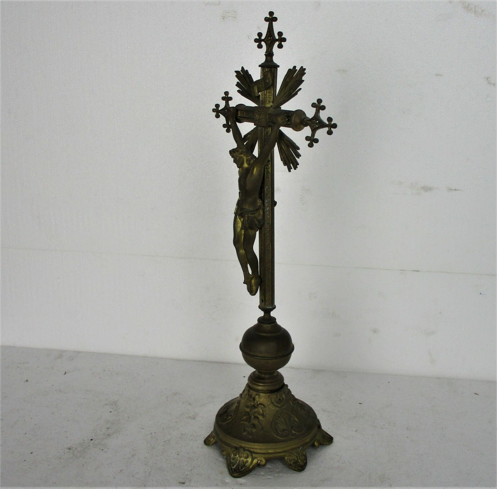 Antique Standing Crucifix Corpus Christi Jesus Christ Calvary Ornate Brass Cross photo buy