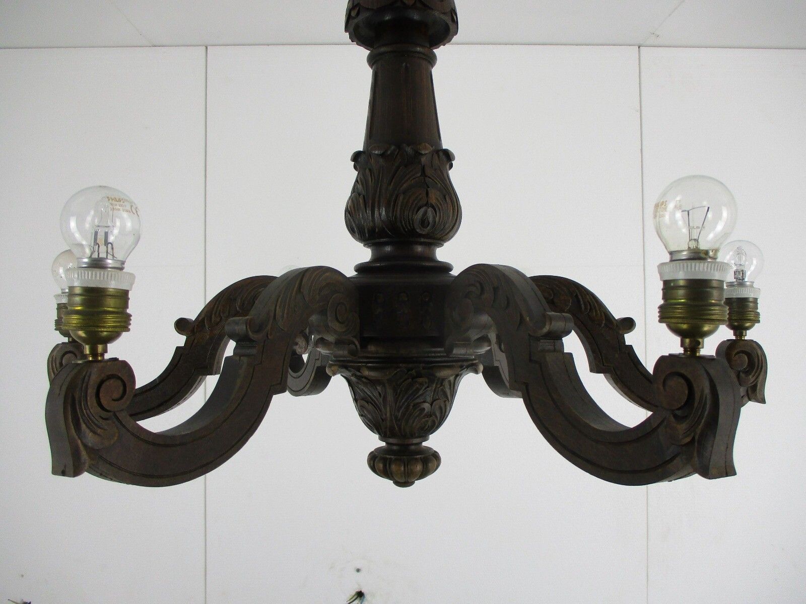 Lighting Hand Carved Wooden Chandelier Ornate 6 Arm Lights Mid Century Farmhouse Barn Sty photo