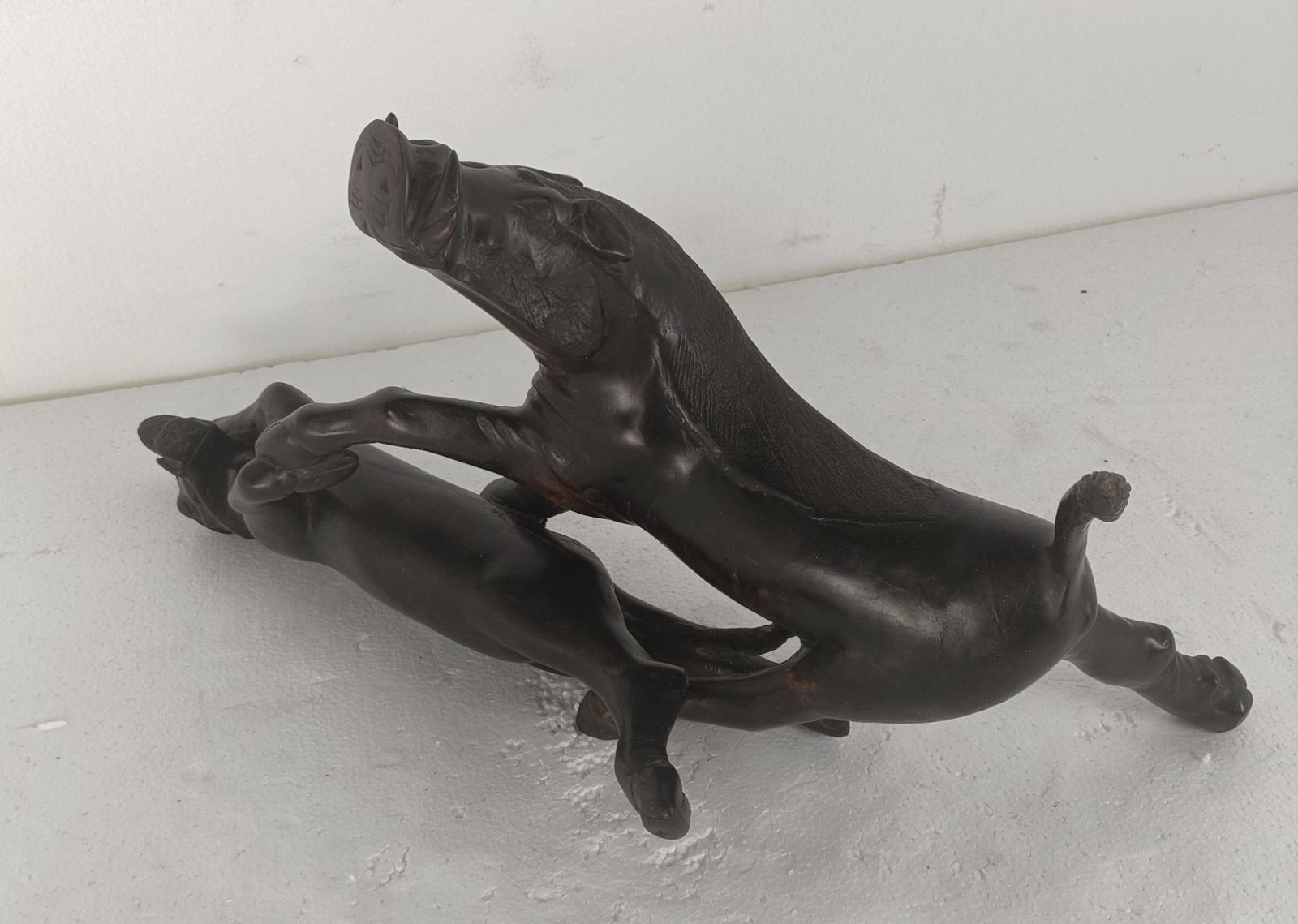 Stunning Sculpture Figurine Black Forest Hand Carved Wood  Wild Boars Vintage photo furniture