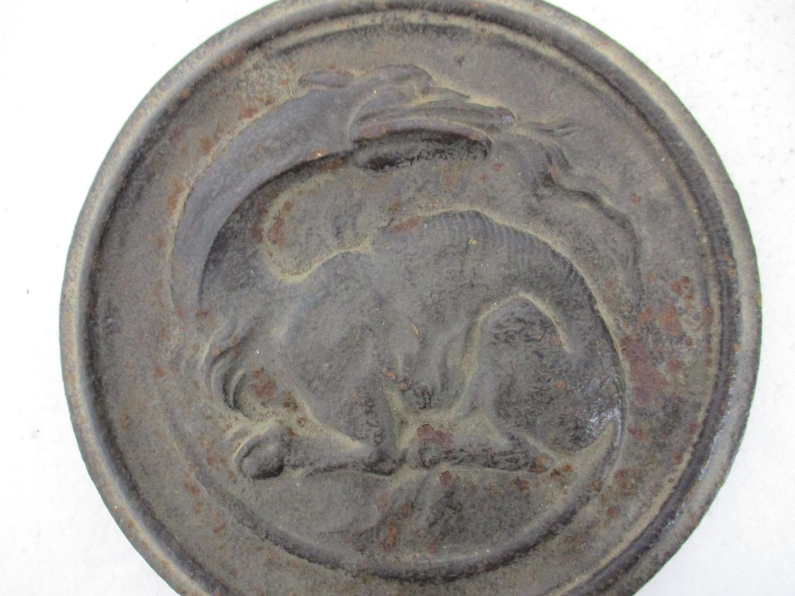Heavy Antique Rustic Authentic Primitive Iron Lid Plaque Dragon Gothic Rare photo furniture