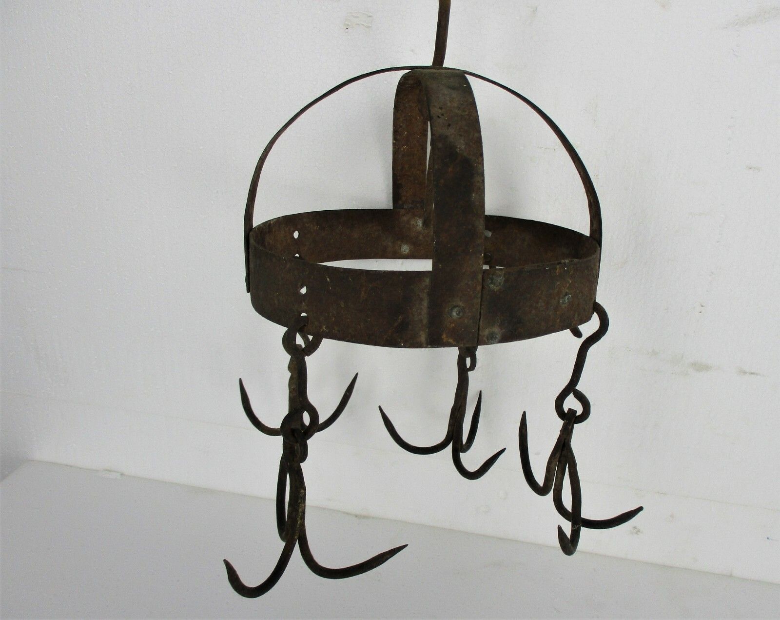 Antique Hanging Butcher Rack Cast Wrought Iron 4 Hooks French 18th C Barn Style photo for sale