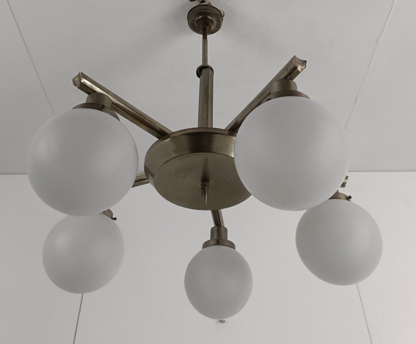 Chandelier Brass Chrome Glass Balls Mid Century Atomic Funky 6 Lights Funky photo for sale