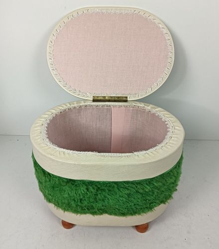 Vintage Retro Sewing Box Basket Worker Green Fabric White Plastic Quilting Knitt photo buy
