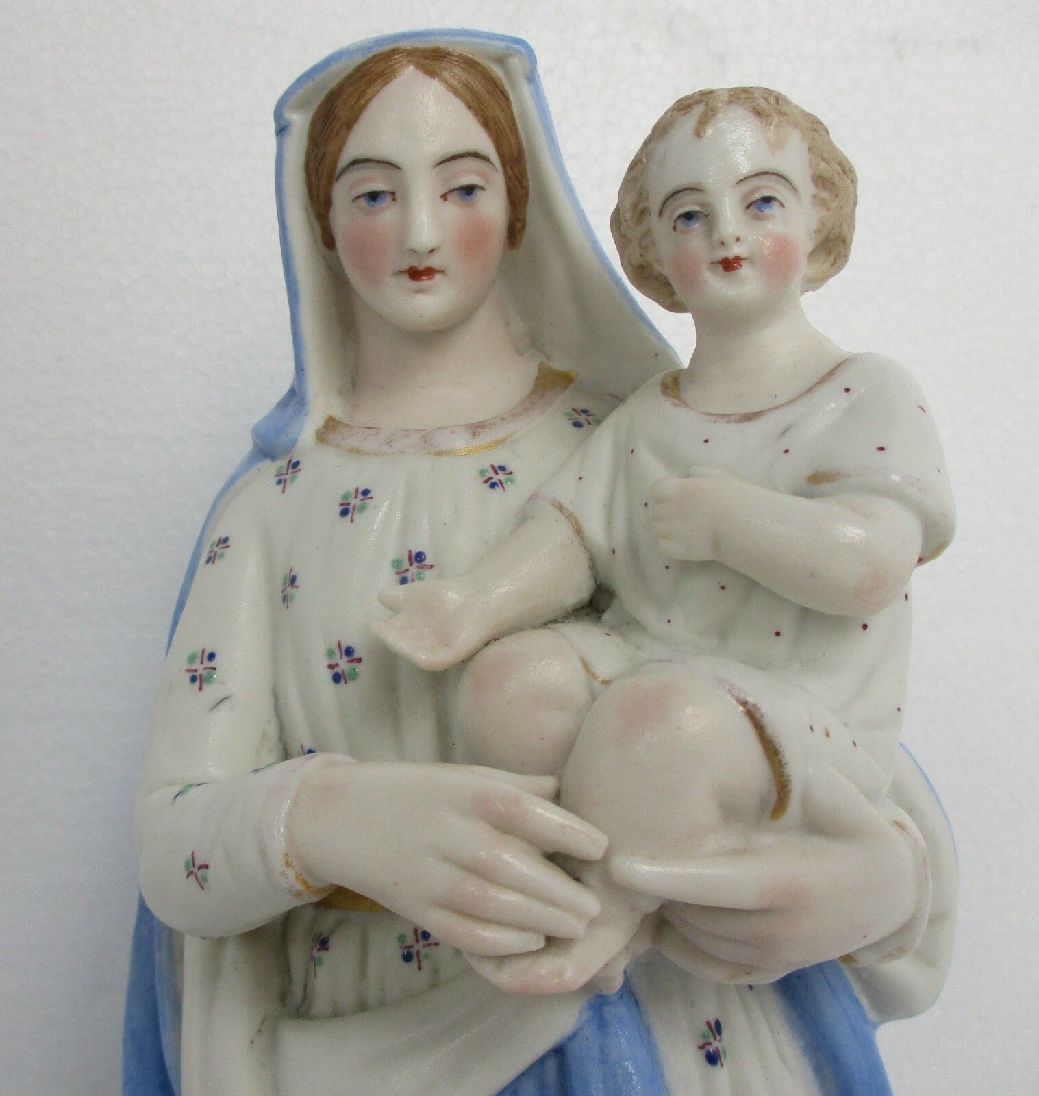 French Antique  Bisque Statue Virgin Mary Lady Madonna Infant Polychrome 15.94" photo 352.0