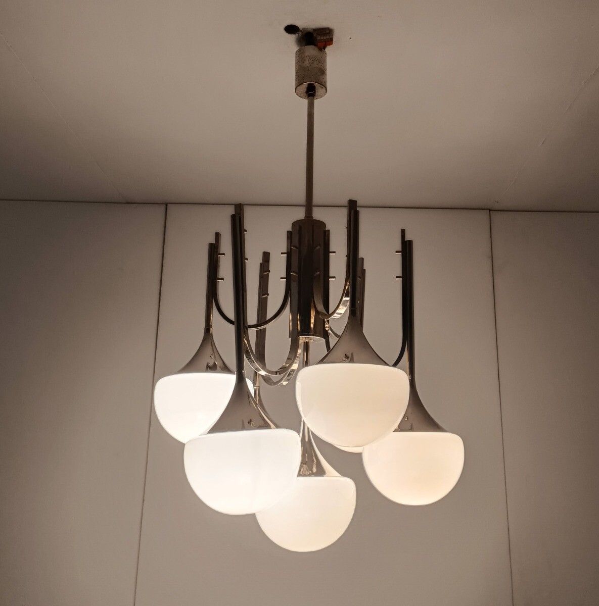 Mid Century Atomic Sputnik Trumpet Chrome Chandelier Opaline Shades Balls  Sciol photo for sale