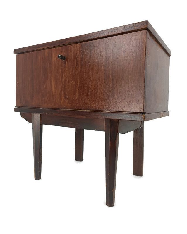 Vintage Retro Modernist Wooden Nightstand Cabinet End Table Funky Iron Legs