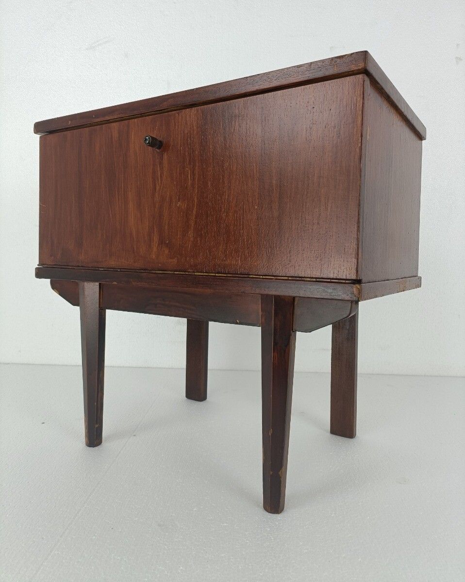 Vintage Retro Modernist Wooden Nightstand Cabinet End Table Funky Iron Legs photo vintage