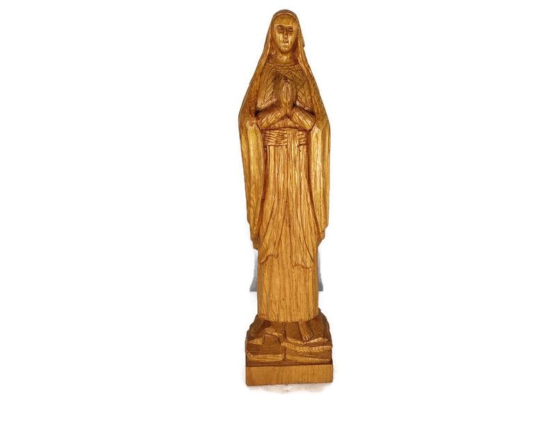 Sculpture Statue Hand Carved Wood Madonna Virgin Mary Folded Hands Vintage Signe