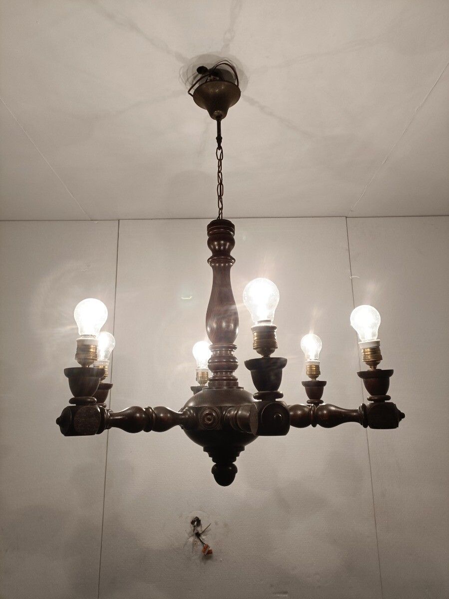 Art Deco Style Hand Carved Wooden Chandelier 6 Arm 6 Lights Vintage Barn Farmhou photo for sale