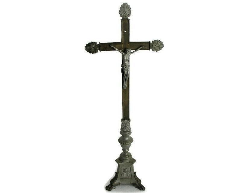Large Mid Century Vintage Standing Crucifix Jesus Christ Cross Ornate Rare Altar