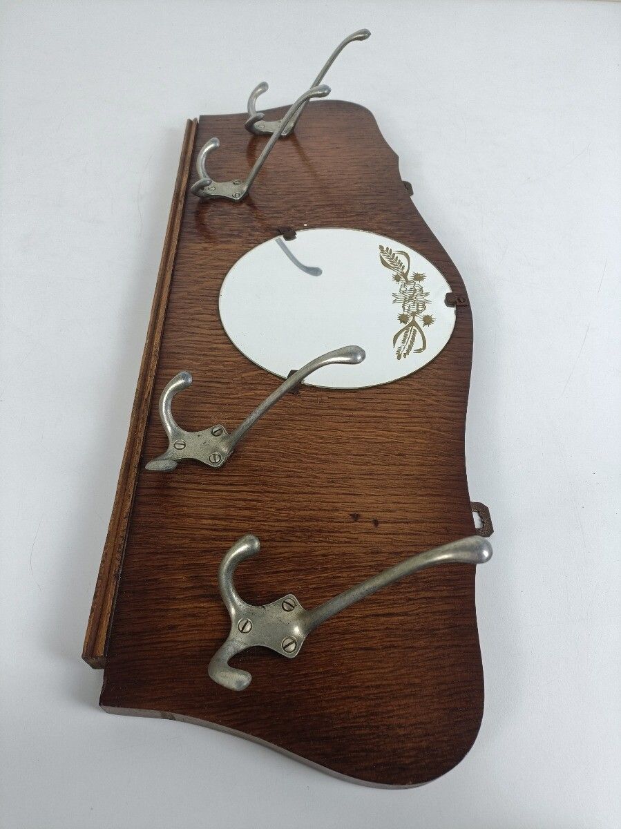 Vintage Mid Century Modern Wood Hat Rack Chrome Wood Industrial Rockabilly Round photo vintage