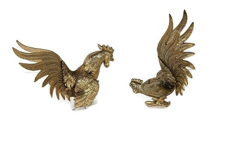 Couple Fighting Rooster Cocks Gold Colored Brass Mid Century Modern Figurines