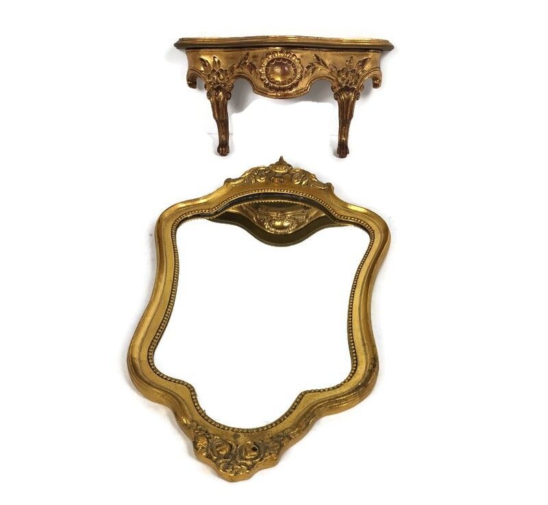 Ornate Wall Mounted Console Mirror Hollywood Regency Gold Gilded Wood Plaster