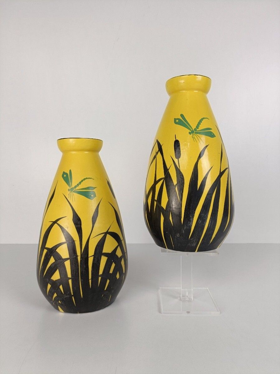 Pair Antique Art Deco Vases Hand Painted Auguste Mouzin La Majolique Wasmuel Bel photo furniture