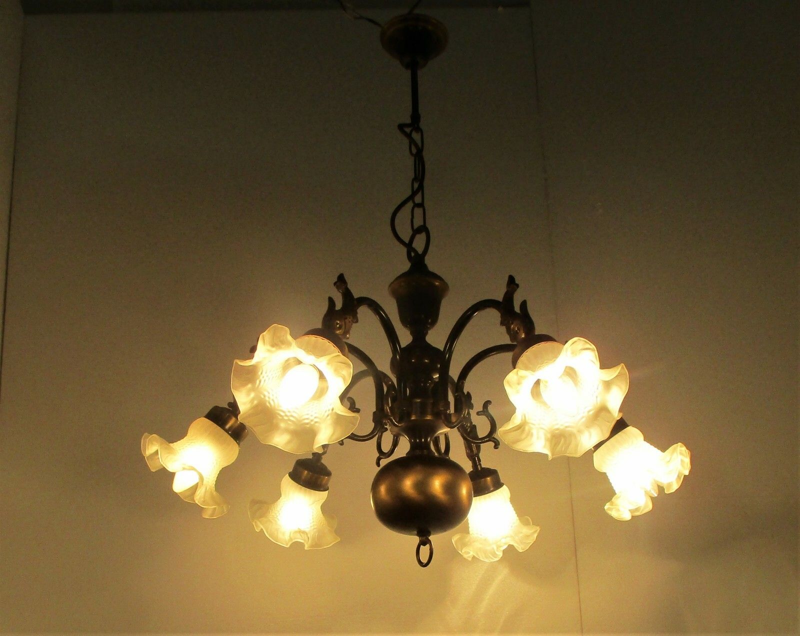 Flemish Dutch Chandelier 6 Arm Lights Brass Fish  Barn Style Tulip Glass Shades photo for sale