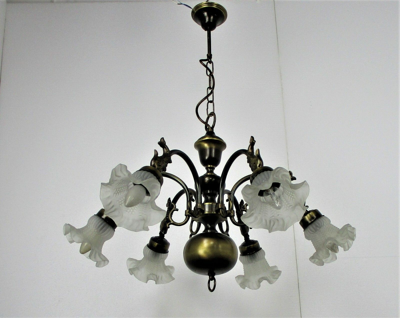 Flemish Dutch Chandelier 6 Arm Lights Brass Fish  Barn Style Tulip Glass Shades photo Lighting