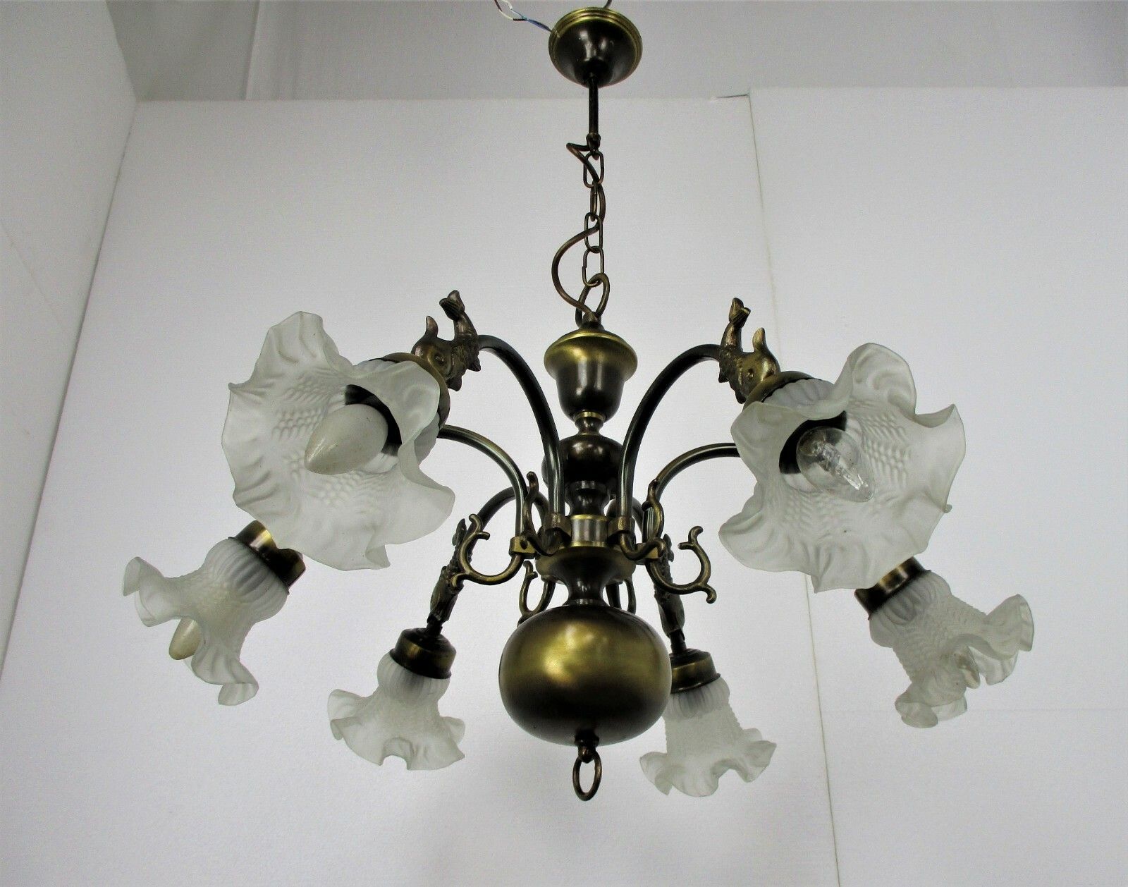 Flemish Dutch Chandelier 6 Arm Lights Brass Fish  Barn Style Tulip Glass Shades photo 352.0