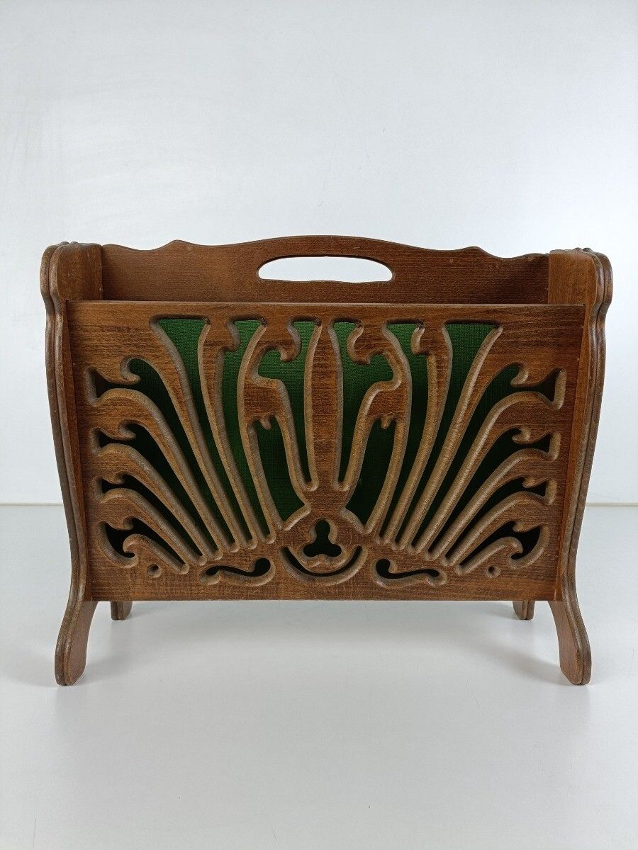 Vintage Magazine Newspaper Basket Rack Wood Wooden Barn Style Japandi photo for sale