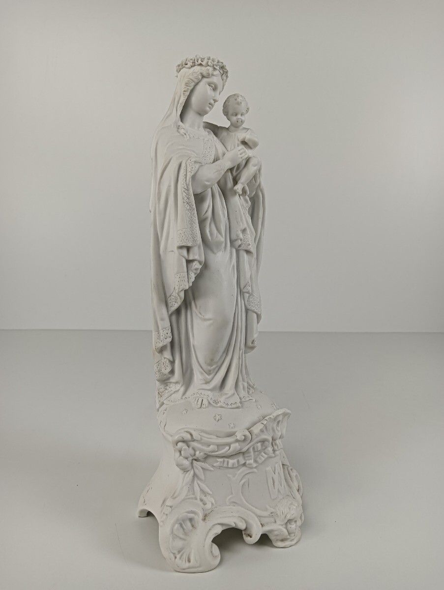 Antique Gorgeous Statue Figurine Bisque Porcelain Virgin Mary Flower Crown Franc photo for sale