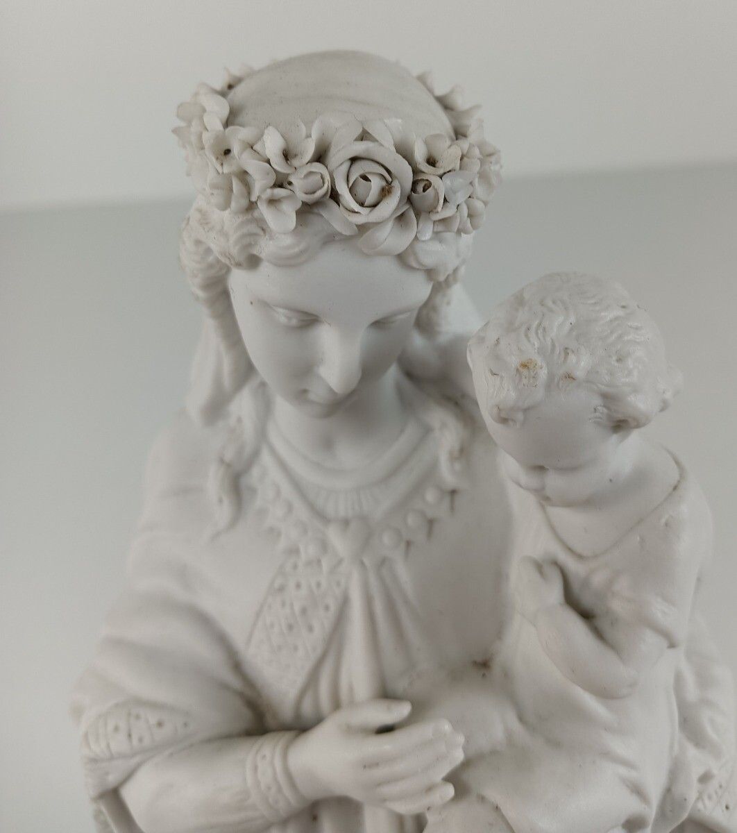 Antique Gorgeous Statue Figurine Bisque Porcelain Virgin Mary Flower Crown Franc photo vintage