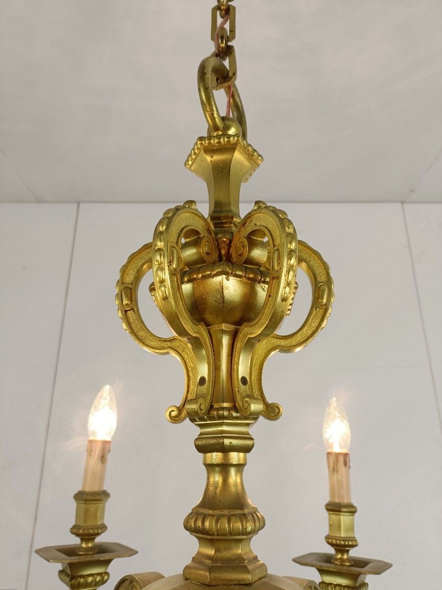 Antique Mazarin Chandelier Gilded Bronze 6 Lights Arms Baroque Style France photo vinterior