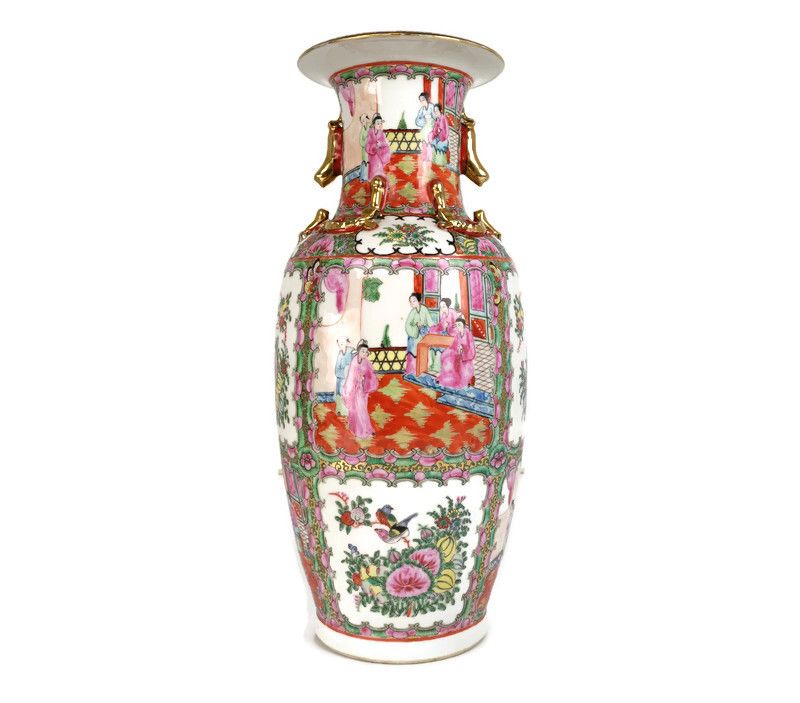 Vintage Chinese Canton Vase Family Rose Foo Dogs Beautiful Scenery 70s