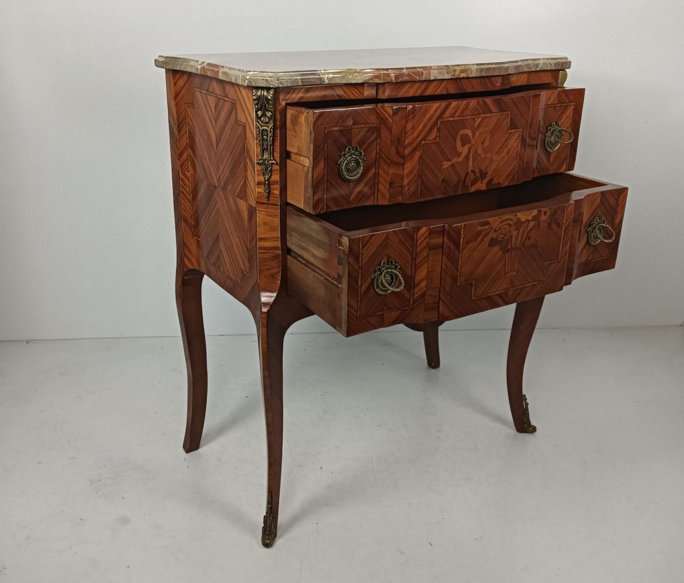 Cabinet Wood Marble Top Inlay Marquetry Brass Trims Commode End Table Vintage Wo photo buy