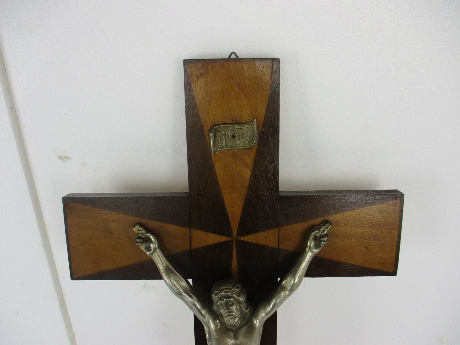 Large Two Toned Wooden Hanging Crucifix Cross Jesus Christ Faux Brass Spelter  C photo furniture
