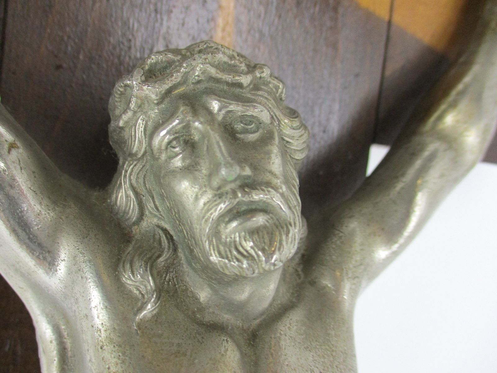 Large Two Toned Wooden Hanging Crucifix Cross Jesus Christ Faux Brass Spelter  C photo Art