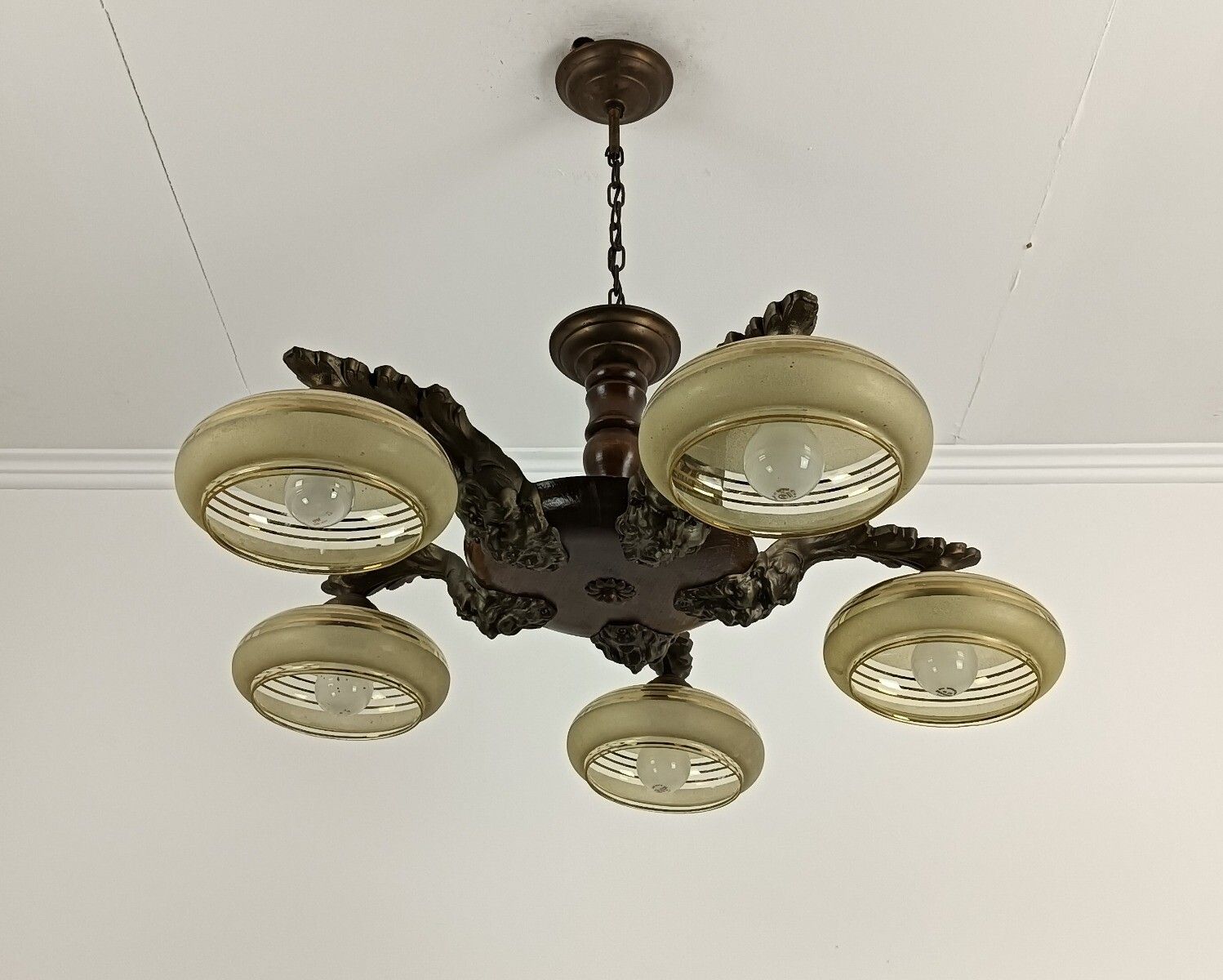 Art Deco Chandelier Fixture Art Glass Ufo Shades Bronze Wood 5 Lights Antique photo furniture