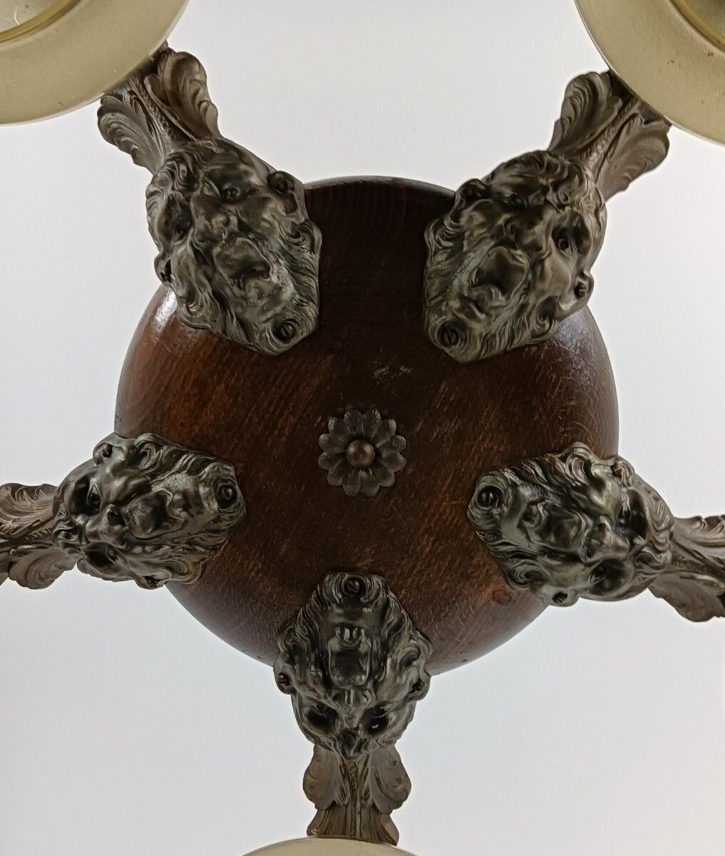 Art Deco Chandelier Fixture Art Glass Ufo Shades Bronze Wood 5 Lights Antique photo vinterior