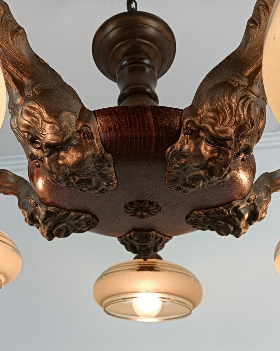 Art Deco Chandelier Fixture Art Glass Ufo Shades Bronze Wood 5 Lights Antique photo buy