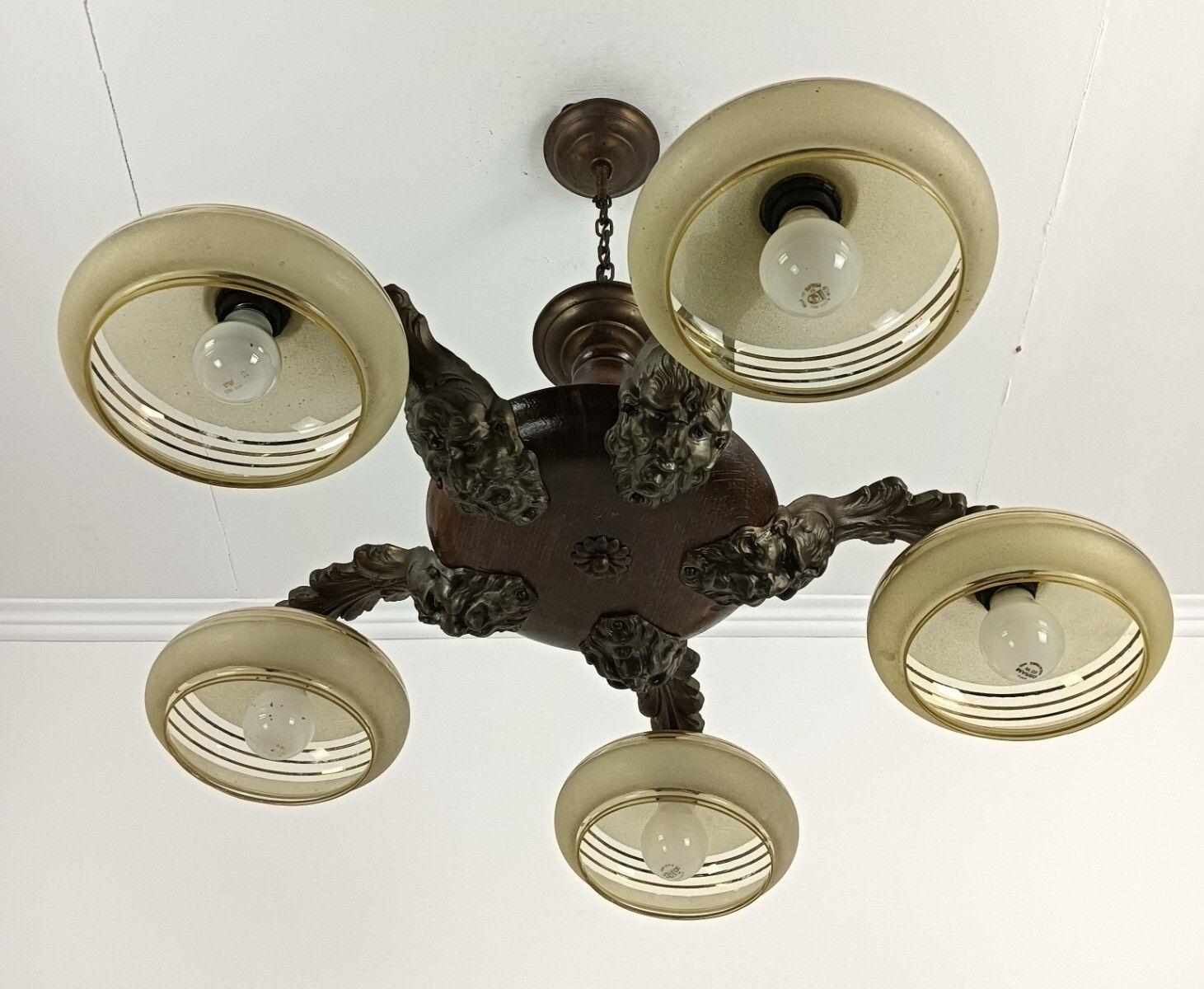 photo for sale Art Deco Chandelier Fixture Art Glass Ufo Shades Bronze Wood 5 Lights Antique