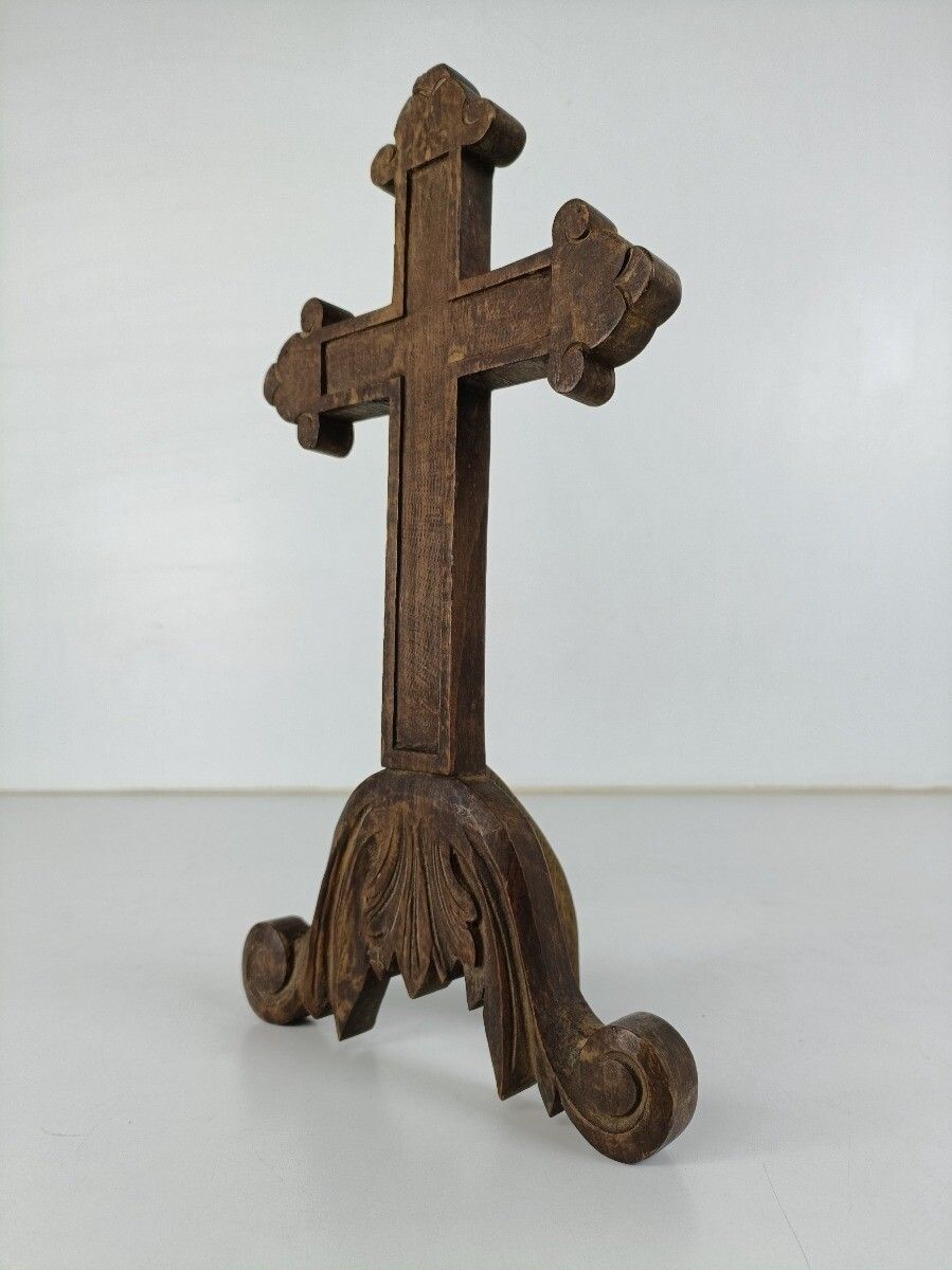 Standing Antique Hand  Carved Wooden Desk Table Crucifix 19th Century French photo Home Decor