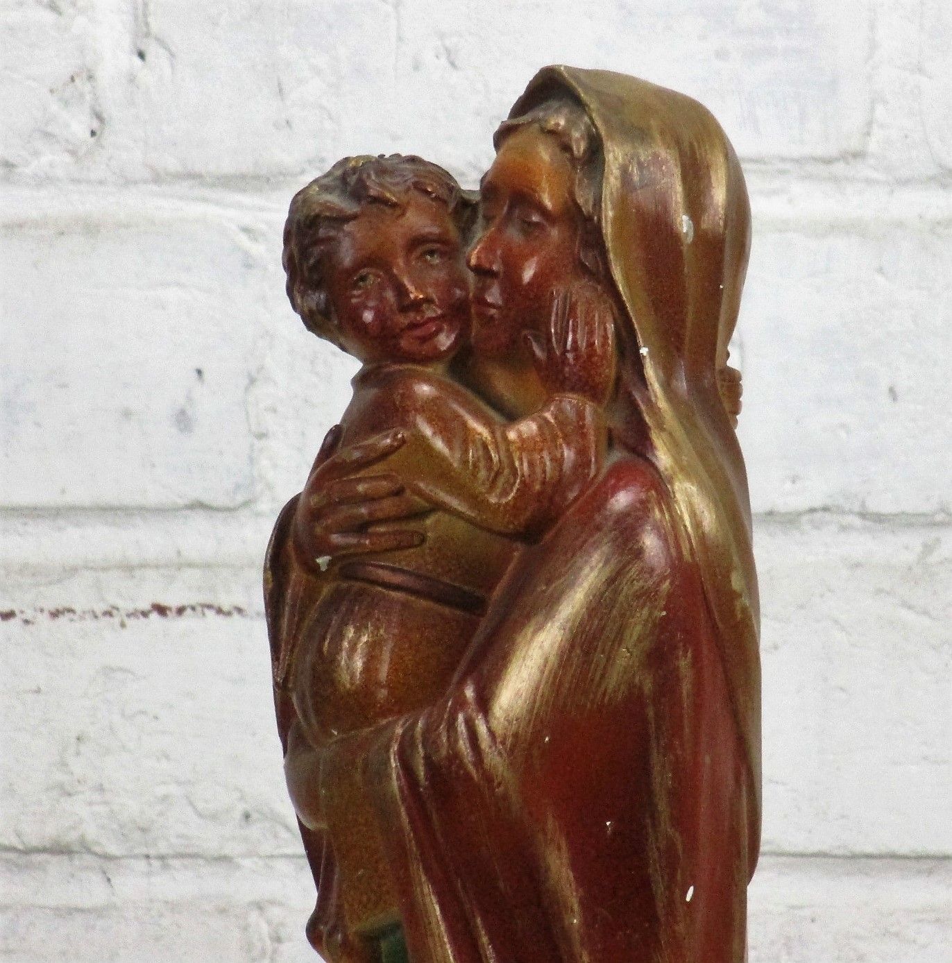 Polychrome Statue Madonna  Holy Mother Virgin Mary Infant Child Tenderness 15.7"