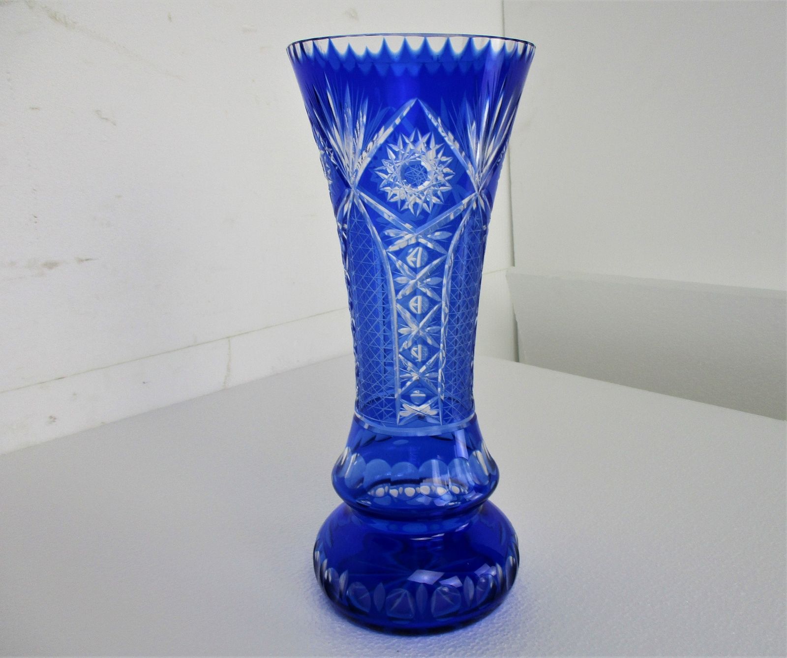 Crystal Cobalt Blue Clear To Cut Bowl Vase Dot Star Beautiful Vsl Style 13.77&Qu photo for sale