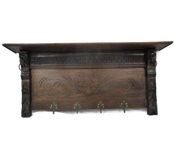 Gorgeous Hand Carved Wood Coat Hat Kitchen Hallway Rack  Ornate Lion Heads 40"