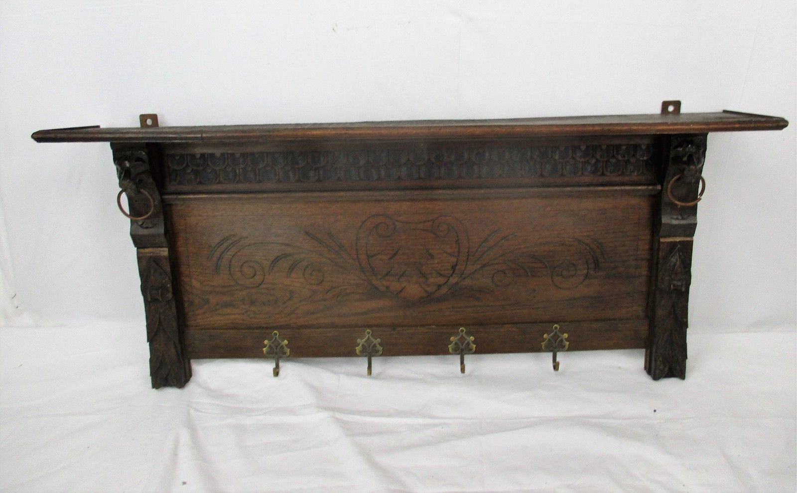 Gorgeous Hand Carved Wood Coat Hat Kitchen Hallway Rack  Ornate Lion Heads 40" photo vintage