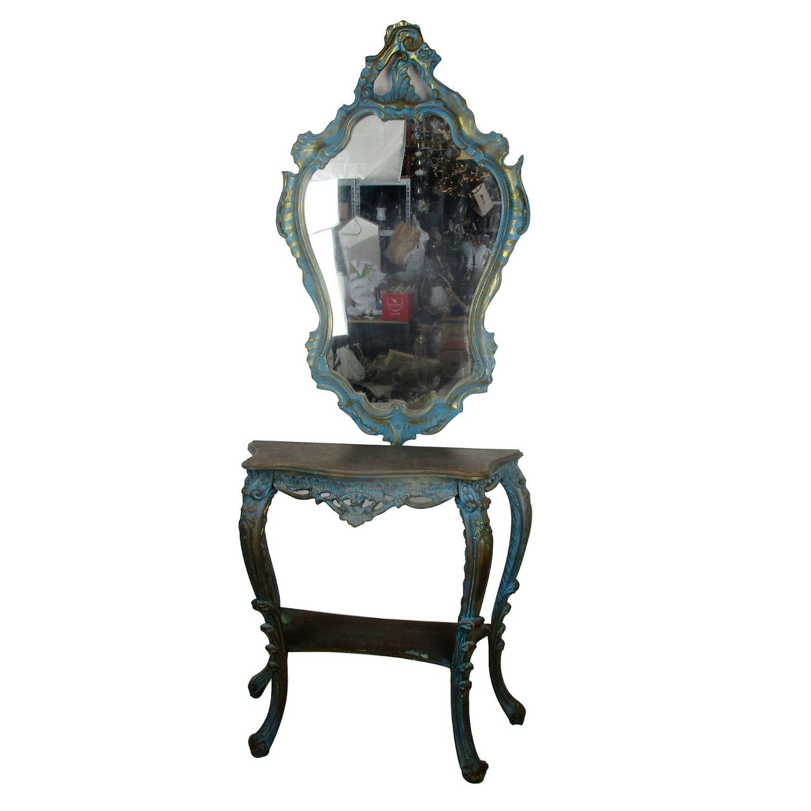 Demi Lune Console Ornate Hand Carved Wood Mirror Hollywood Regency Blue Gold Wow