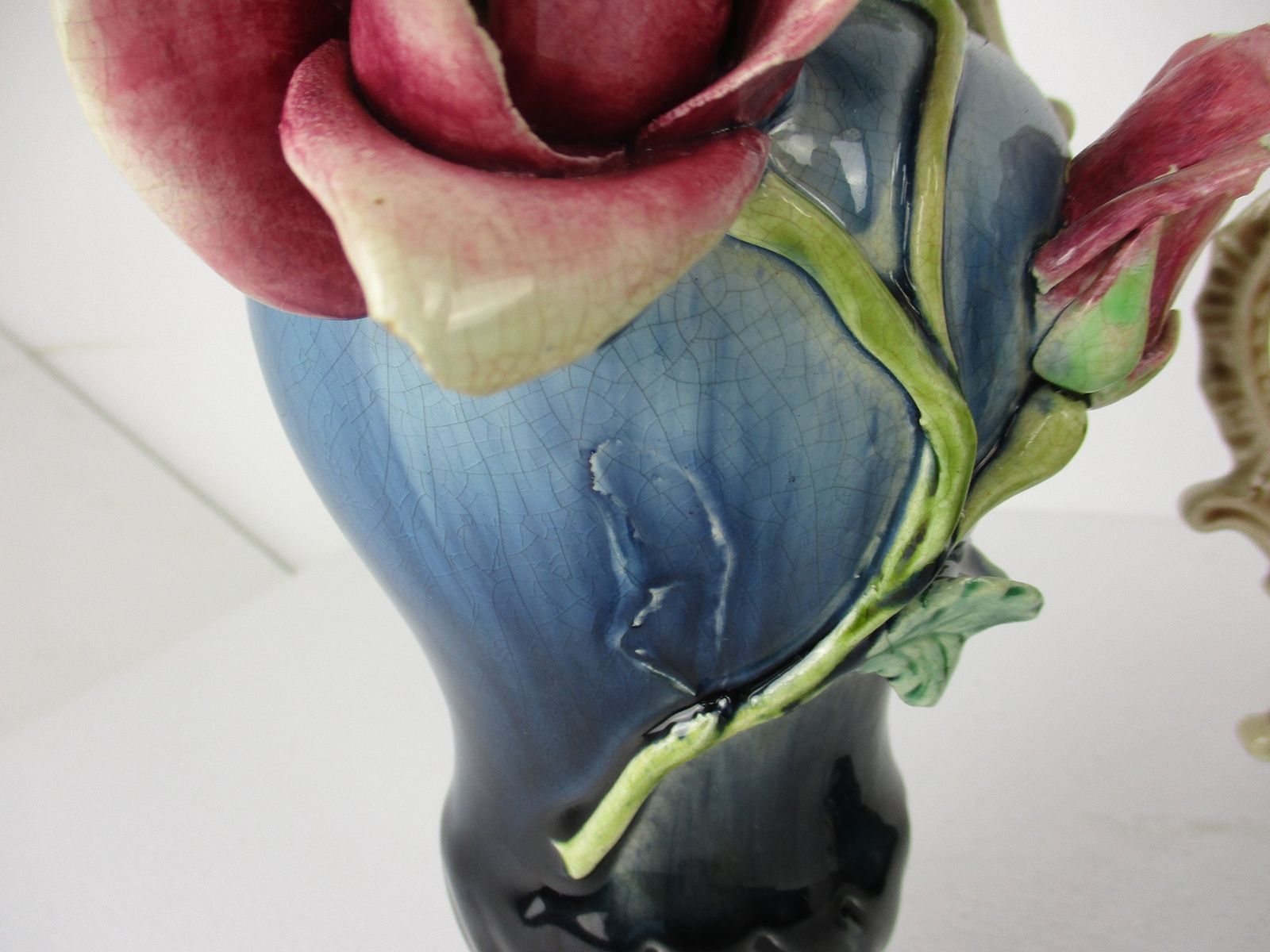 Set Of 3 French Barbotine Majolica Vases Planters Centerpiece Pitchers Art Nouve photo for sale
