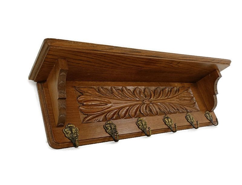 Hand Carved Wood Coat Hat Kitchen Hallway Rack Antique Heavy Beautiful