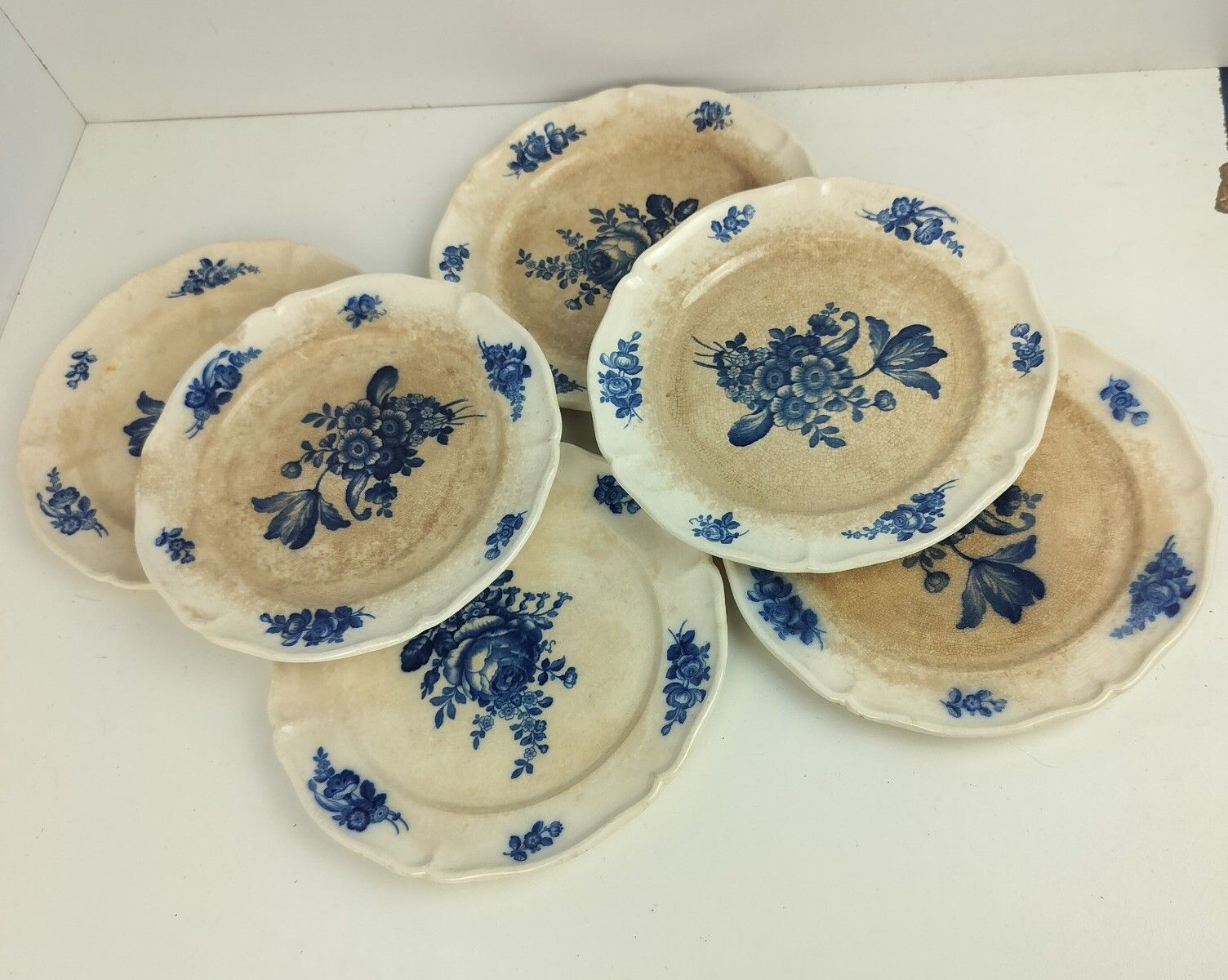 Antique 1900 Breakfast Plates 6  Pieces  Boch Mettlach Rare Blue Rose  Art Nouve photo for sale