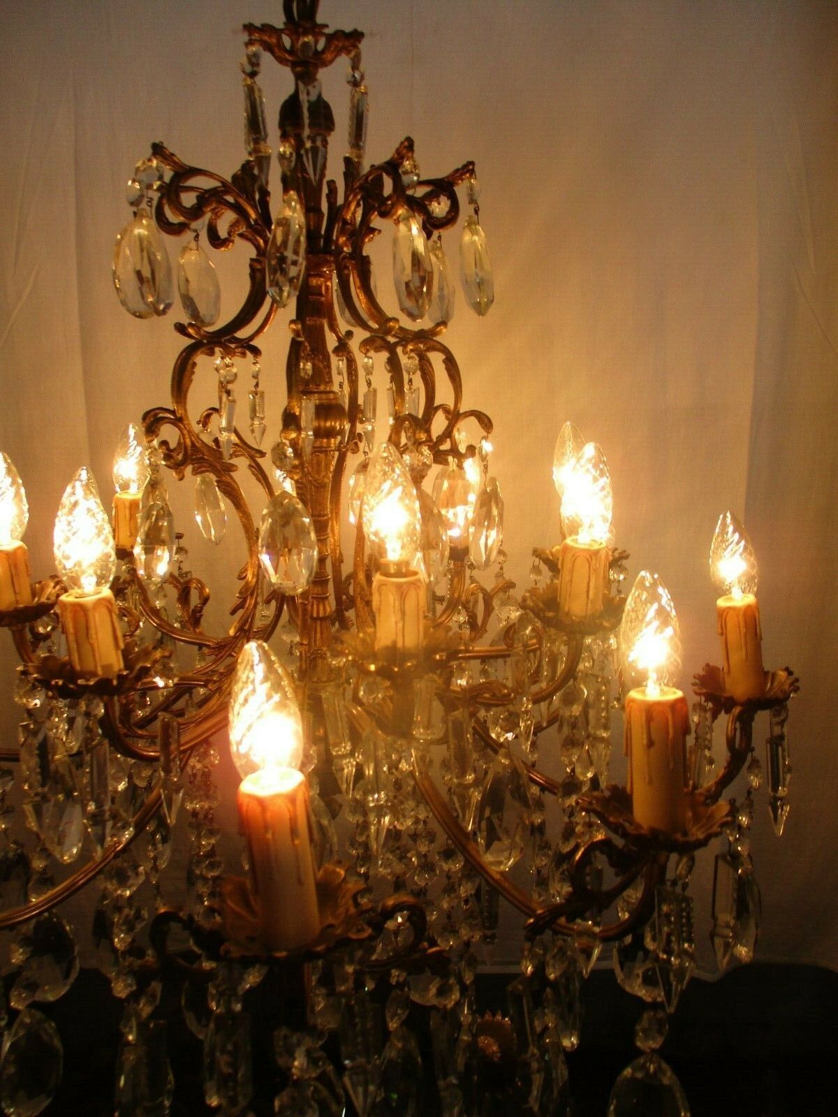 Impressive French Bronze Chandelier Crystal Prisms 16 Lights! Waterfall Htf photo for sale