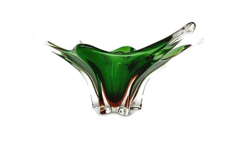 Italian Green Brown Bowl Dish Centerpiece Murano Seguso Art Glass Stunning Wow
