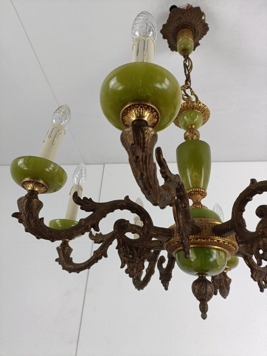 Chandelier 8 Arms Lights Hollywood Regency Brass Faux Marble Chandelier Vintage photo vinterior