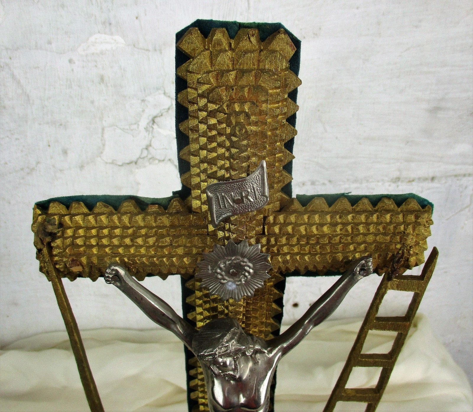 Tramp Trench Tramp Folk Art Standing Hand Carved Wooden Crucifix Dice Htf Wow photo furniture