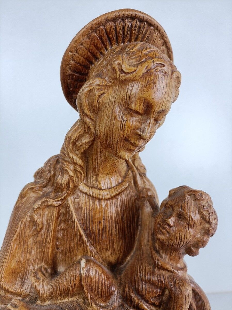 photo for sale Large Art Deco Statue Our Lady Mary Madonna With Infant Jesus Plaster Antique