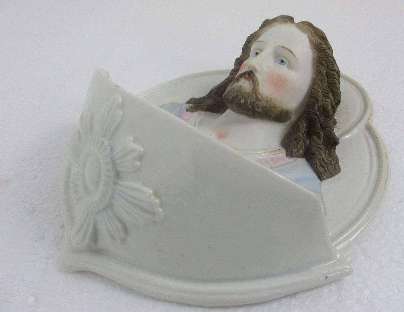 Holy Water Font Vessel  Jesus Christ Head Bisque Htf Beautiful Large photo for sale